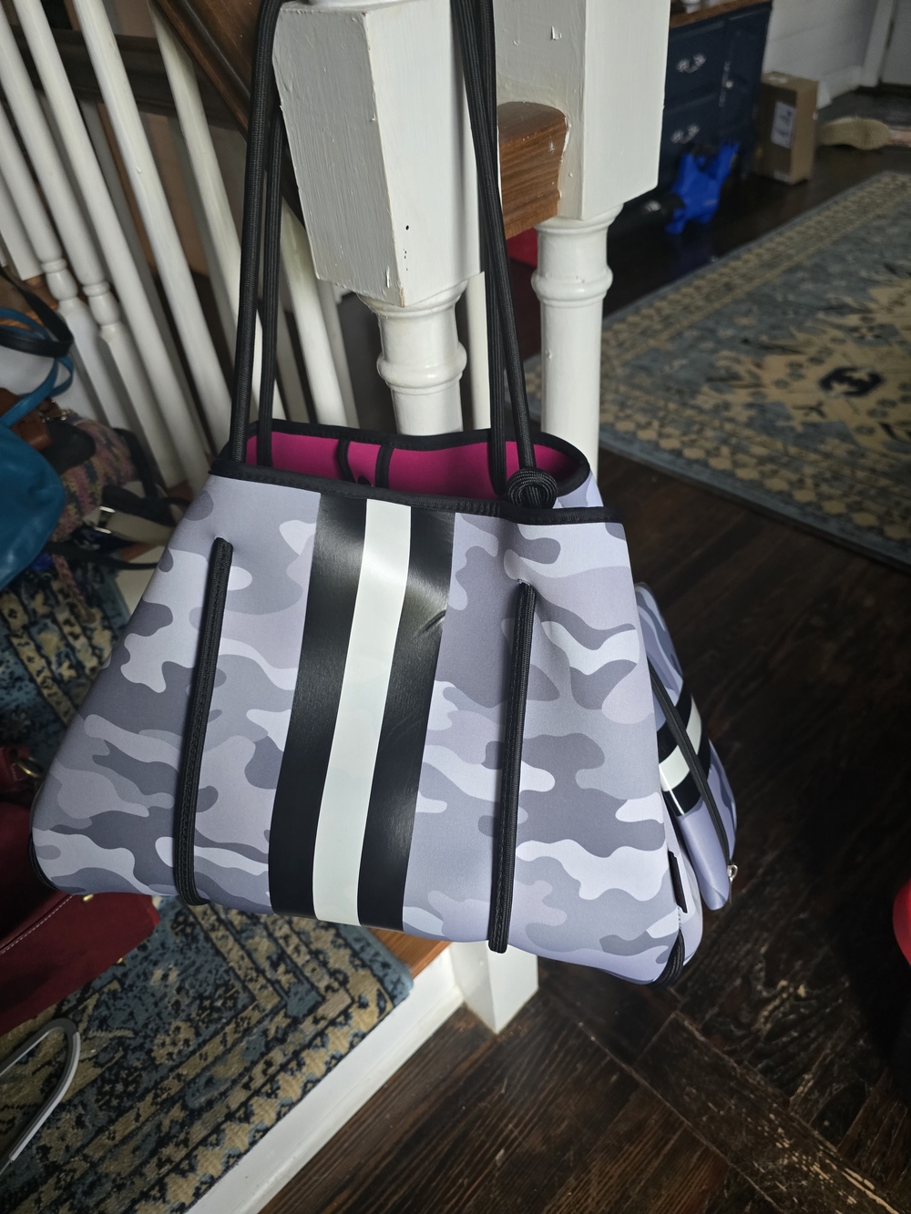 Gray Camo Neoprene Tote Bag with Black Stripe